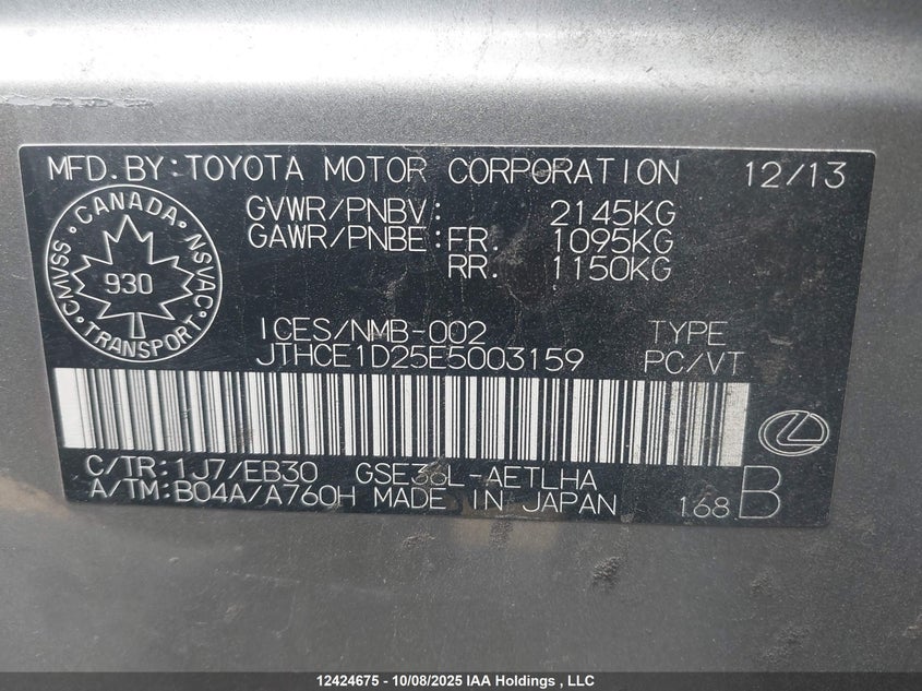 JTHCE1D25E5003159 2014 LEXUS IS photo no. 9