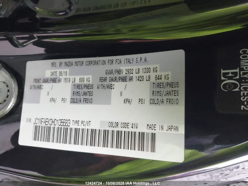 2017 Fiat 124 Spider Lusso VIN: JC1NFAEK0H0105683 Lot: 12424724