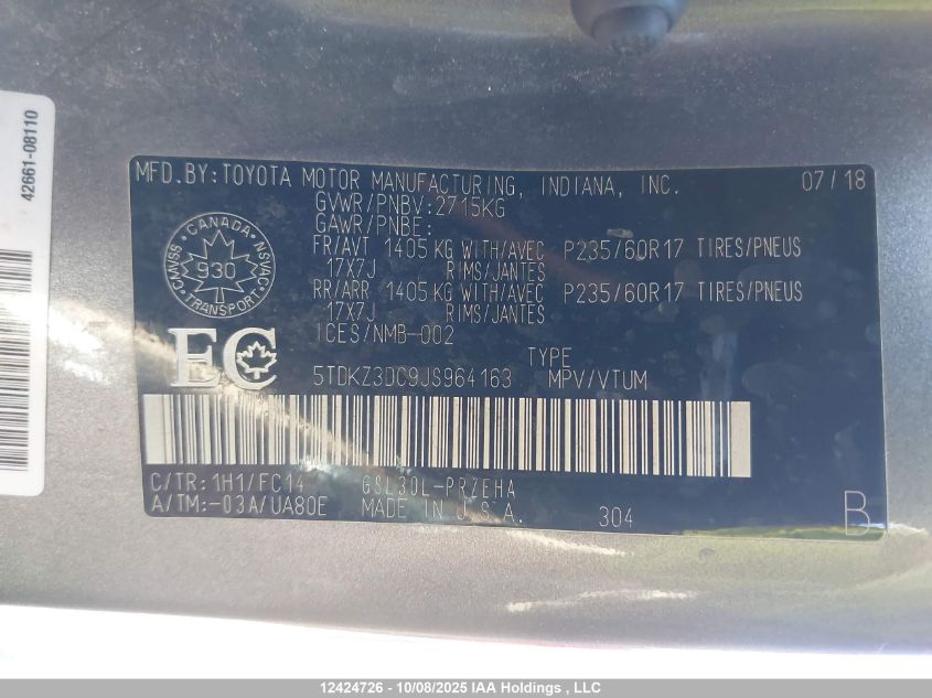 2018 Toyota Sienna Le 8-Passenger VIN: 5TDKZ3DC9JS964163 Lot: 12424726