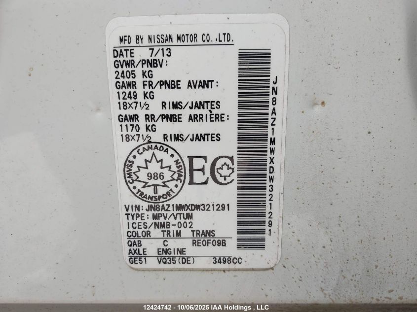 2013 Nissan Murano S/Sl/Le VIN: JN8AZ1MWXDW321291 Lot: 12424742