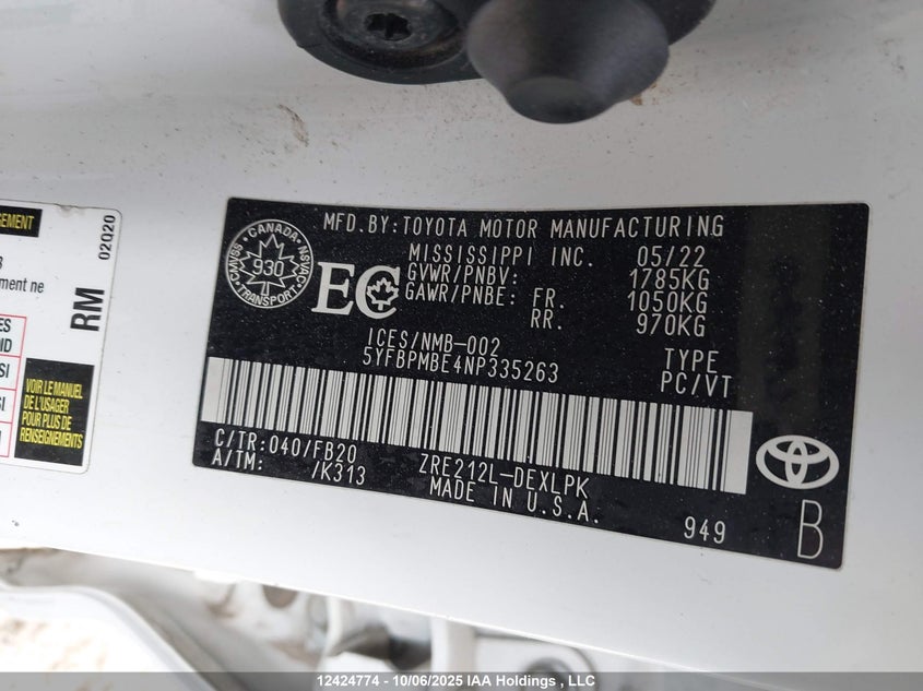 5YFBPMBE4NP335263 2022 TOYOTA COROLLA photo no. 19
