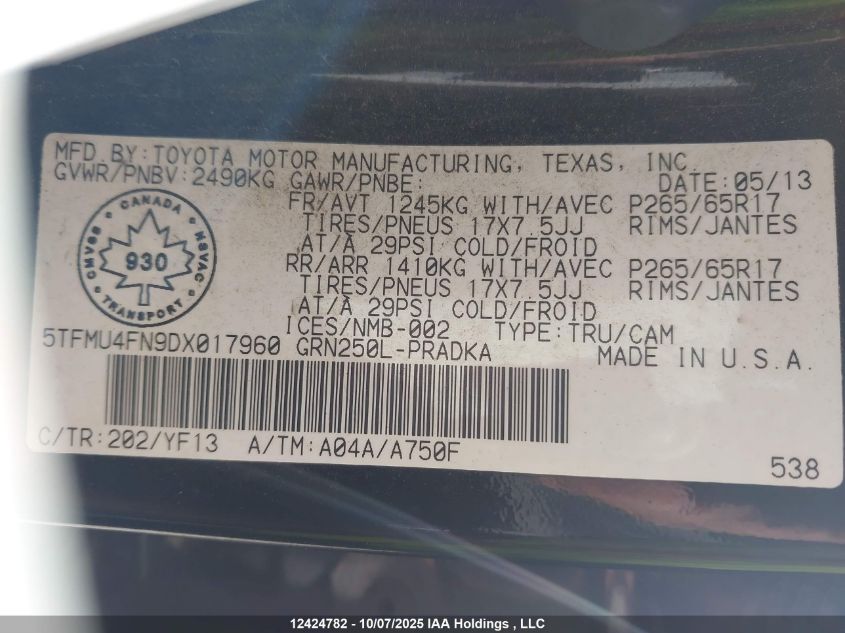 2013 Toyota Tacoma V6 VIN: 5TFMU4FN9DX017960 Lot: 12424782