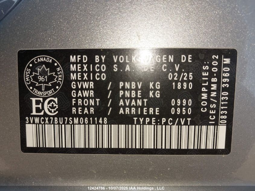 2025 Volkswagen Jetta Trendline VIN: 3VWCX7BU7SM061148 Lot: 12424786