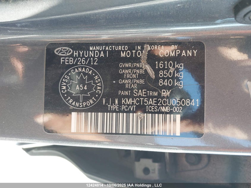KMHCT5AE2CU050841 2012 HYUNDAI ACCENT photo no. 9