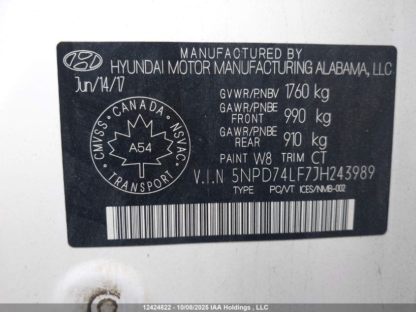 2018 Hyundai Elantra L VIN: 5NPD74LF7JH243989 Lot: 12424822