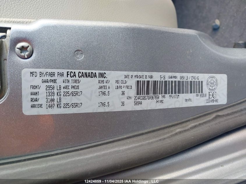 2016 Dodge Grand Caravan Se VIN: 2C4RDGBG7GR367850 Lot: 12424859