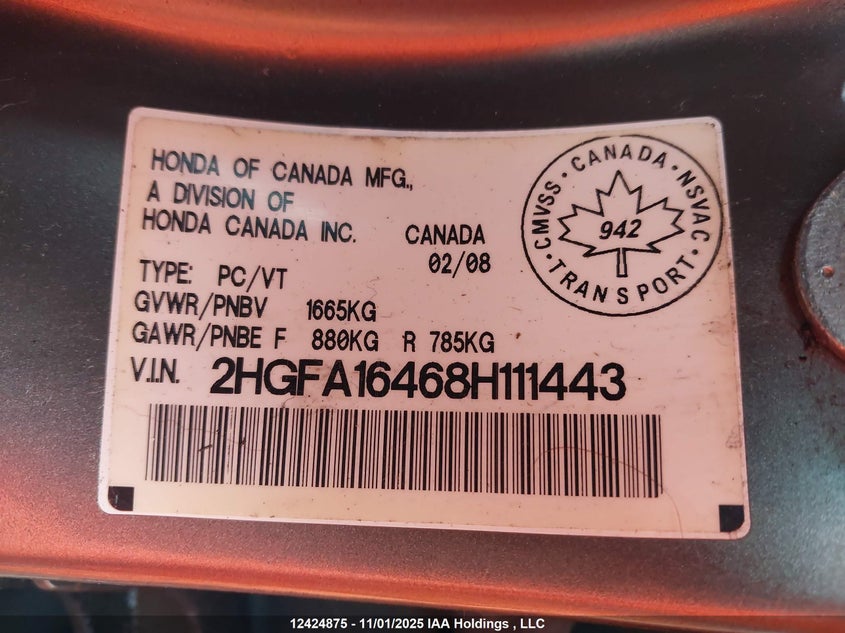 2008 Honda Civic Dx-G VIN: 2HGFA16468H111443 Lot: 12424875