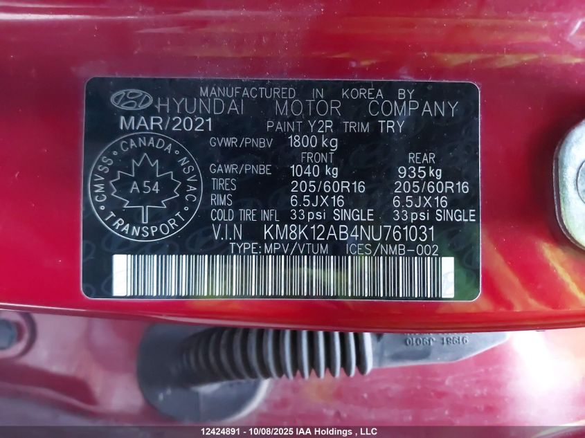 2022 Hyundai Kona Essential VIN: KM8K12AB4NU761031 Lot: 12424891