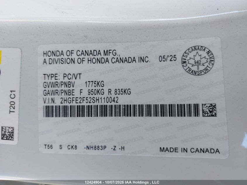 2025 Honda Civic Sport VIN: 2HGFE2F52SH110042 Lot: 12424904
