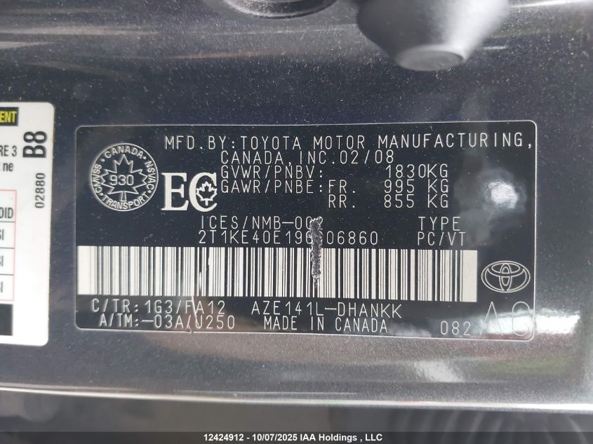 2009 Toyota Matrix Xr VIN: 2T1KE40E19C006860 Lot: 12424912