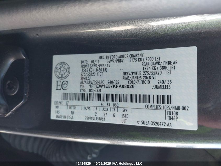 2019 Ford F150 Supercrew VIN: 1FTEW1E57KFA88026 Lot: 12424929