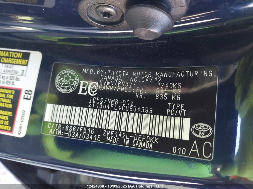 2012 Toyota Corolla Ce VIN: 2T1BU4EE4CC834999 Lot: 12424930