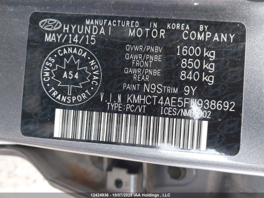 2015 Hyundai Accent Gl VIN: KMHCT4AE5FU938692 Lot: 12424936