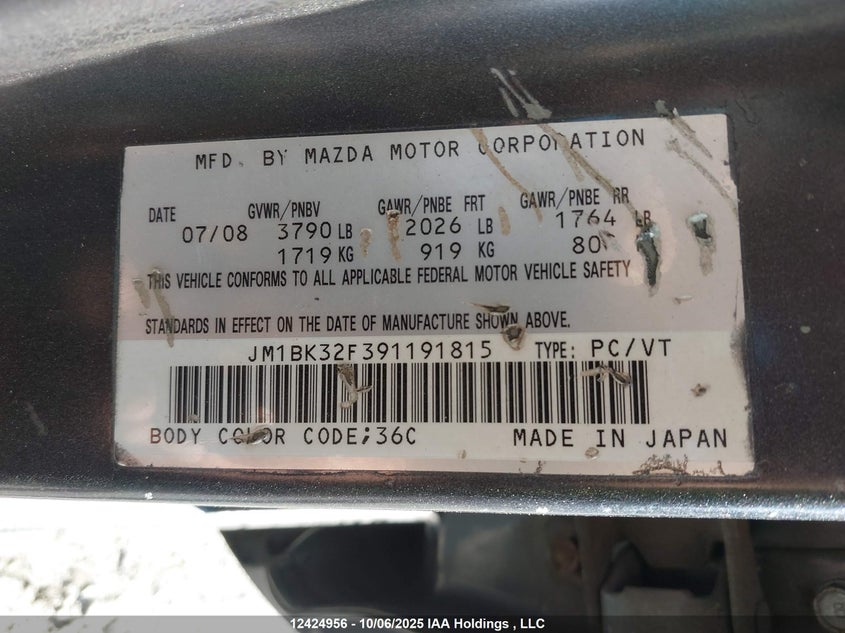 2009 Mazda 3 I VIN: JM1BK32F391191815 Lot: 12424956