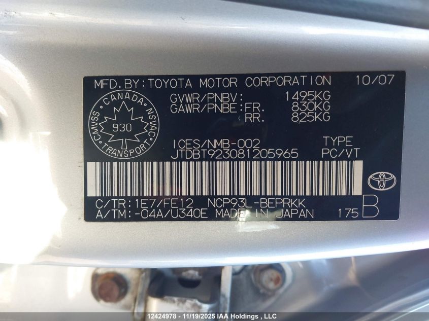 2008 Toyota Yaris VIN: JTDBT923081205965 Lot: 12424978