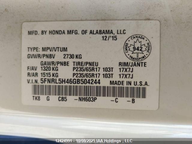 2016 Honda Odyssey Ex VIN: 5FNRL5H46GB504244 Lot: 12424991