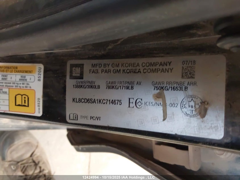 2019 Chevrolet Spark 1Lt VIN: KL8CD6SA1KC714675 Lot: 12424994