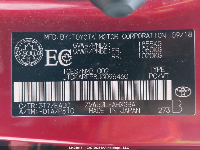 2018 Toyota Prius Prime Upgrade VIN: JTDKARFP8J3096460 Lot: 12425018