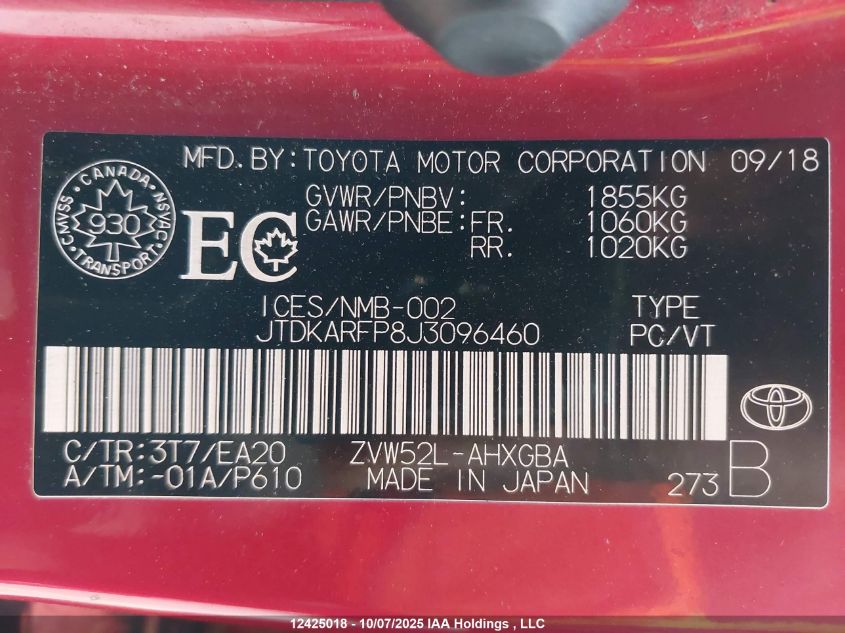 2018 Toyota Prius Prime Upgrade VIN: JTDKARFP8J3096460 Lot: 12425018