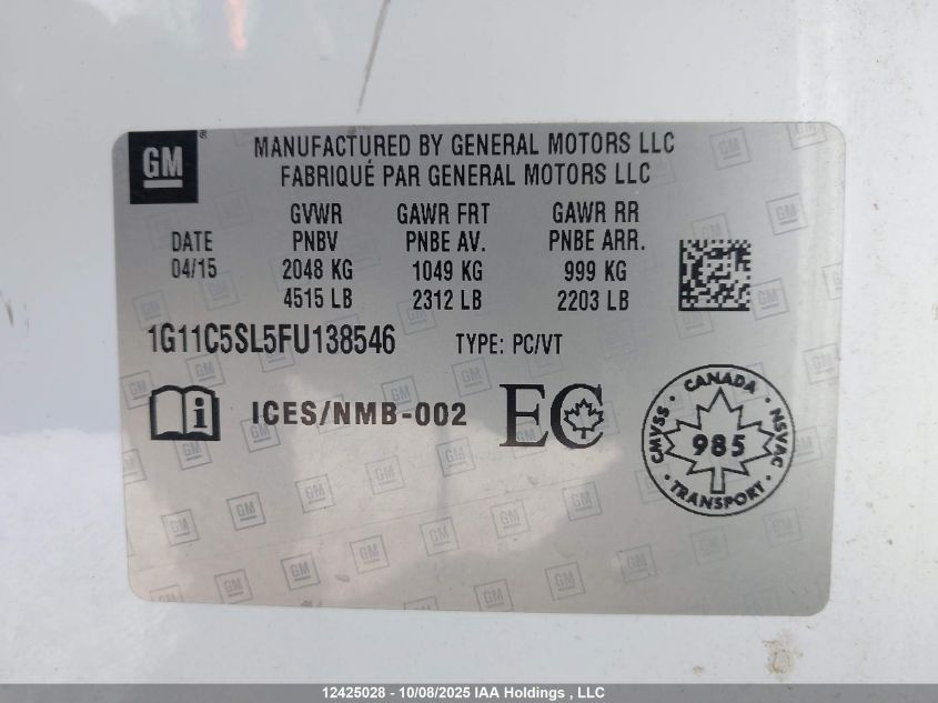 2015 Chevrolet Malibu 1Lt VIN: 1G11C5SL5FU138546 Lot: 12425028