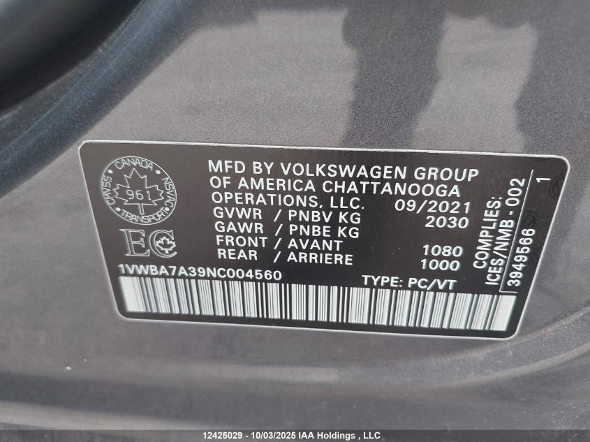 2022 Volkswagen Passat 2.0T Limited Edition VIN: 1VWBA7A39NC004560 Lot: 12425029