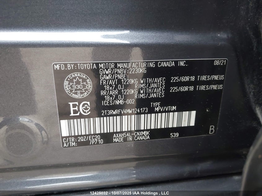 2021 Toyota Rav4 Hybrid Xse VIN: 2T3RWRFV4MW124173 Lot: 12425032