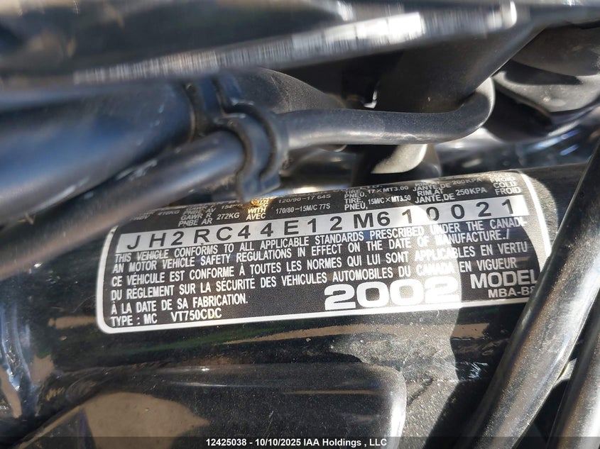 2002 Honda Vt750 Cd VIN: JH2RC44E12M610021 Lot: 12425038