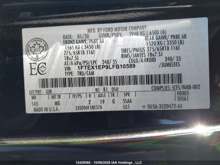 2020 Ford F-150 Xlt VIN: 1FTEX1EP9LFB10589 Lot: 12425065