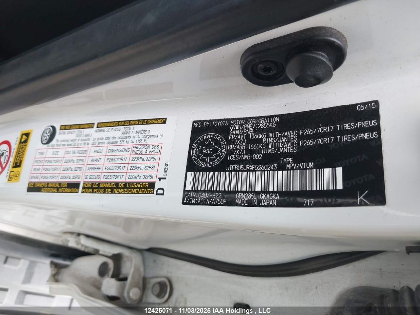 2015 Toyota 4Runner Sr5/Limited/Trail/Trd Pro VIN: JTEBU5JRXF5260243 Lot: 12425071