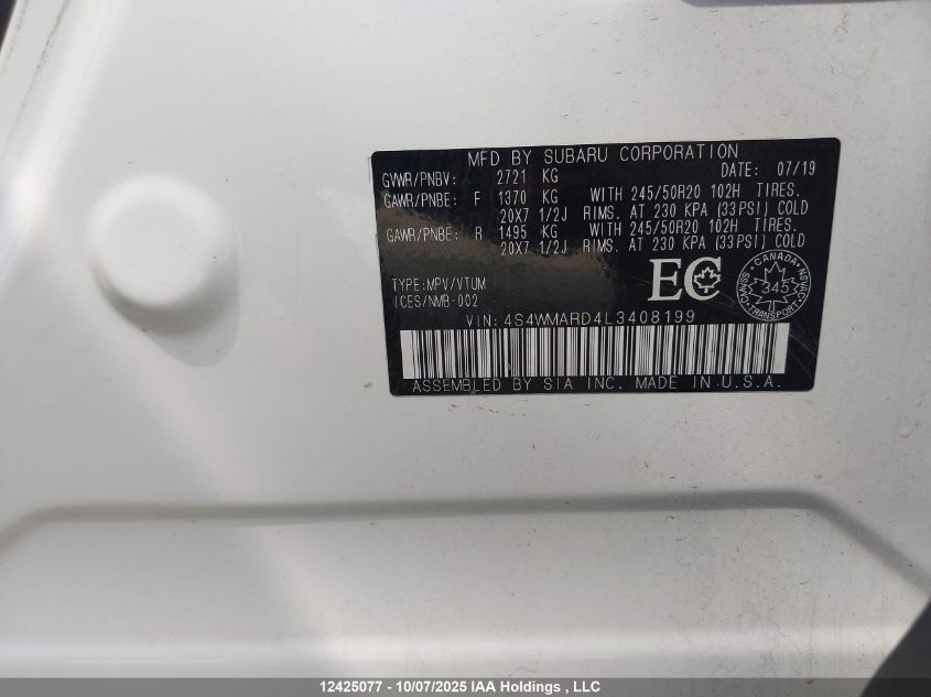 2020 Subaru Ascent Premier VIN: 4S4WMARD4L3408199 Lot: 12425077