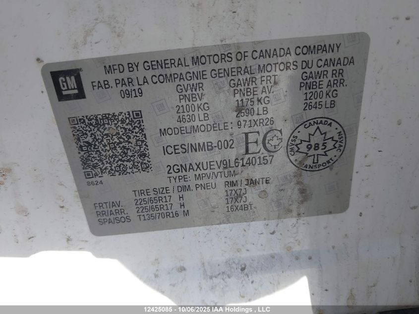 2020 Chevrolet Equinox Lt VIN: 2GNAXUEV9L6140157 Lot: 12425085