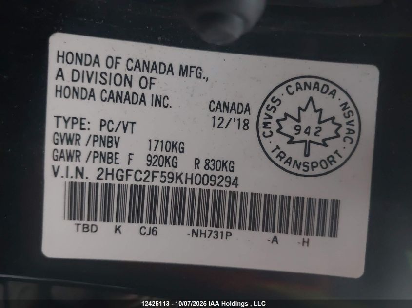 2019 Honda Civic VIN: 2HGFC2F59KH009294 Lot: 12425113