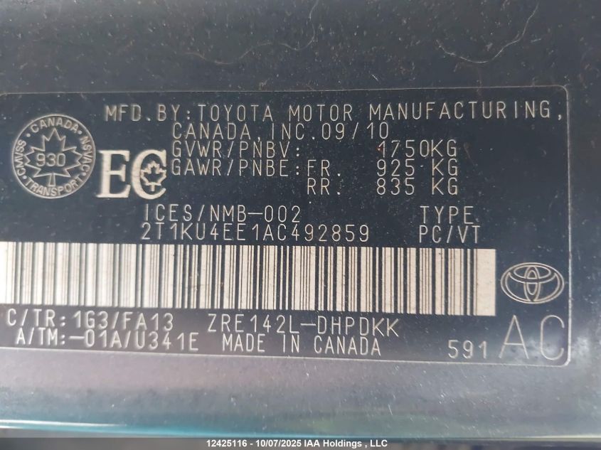 2010 Toyota Corolla Matrix VIN: 2T1KU4EE1AC492859 Lot: 12425116