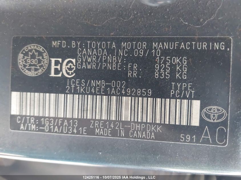 2010 Toyota Corolla Matrix VIN: 2T1KU4EE1AC492859 Lot: 12425116