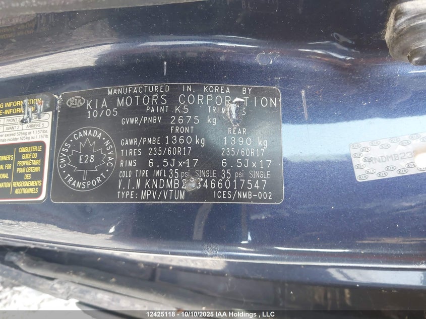 2017 Kia Sedona VIN: KNDMB233466017547 Lot: 12425118