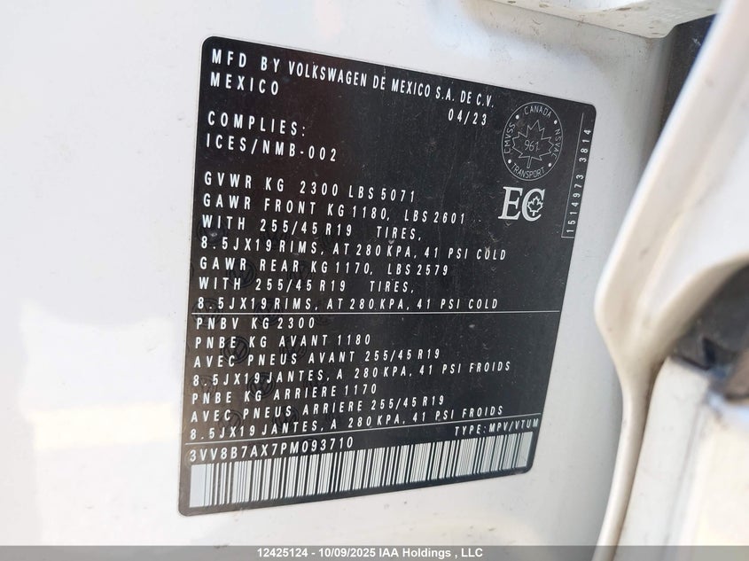 2023 Volkswagen Tiguan Se R-Line Black VIN: 3VV8B7AX7PM093710 Lot: 12425124