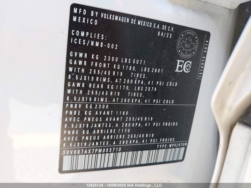 2023 Volkswagen Tiguan Se R-Line Black VIN: 3VV8B7AX7PM093710 Lot: 12425124