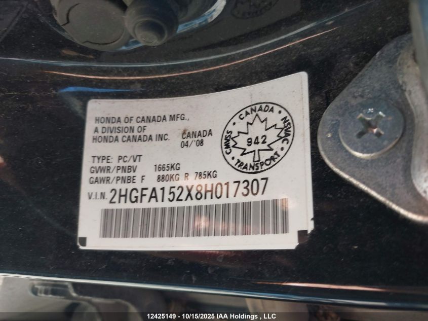 2008 Honda Civic Dx/Dx-A VIN: 2HGFA152X8H017307 Lot: 12425149