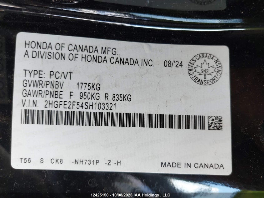 2HGFE2F54SH103321 2025 HONDA CIVIC photo no. 9
