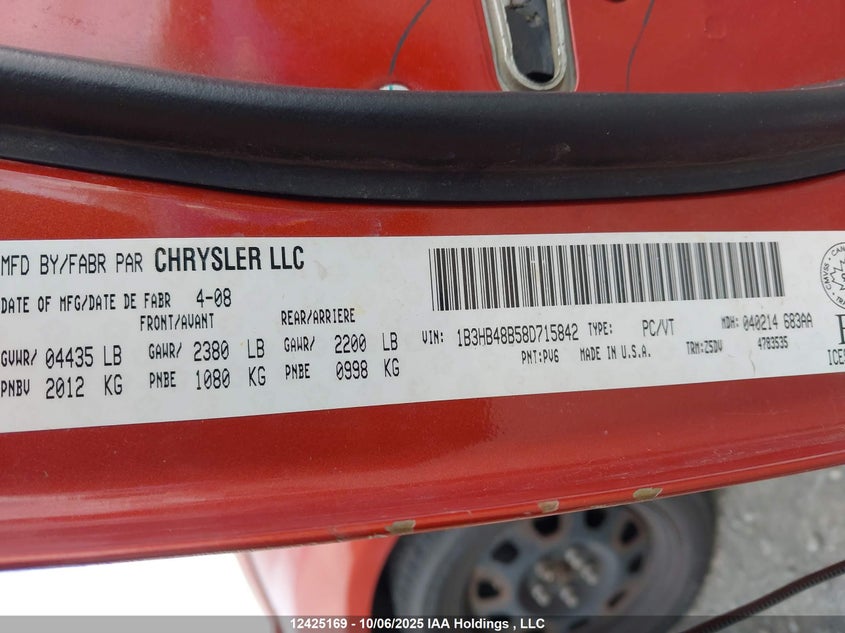 2008 Dodge Caliber Sxt VIN: 1B3HB48B58D715842 Lot: 12425169