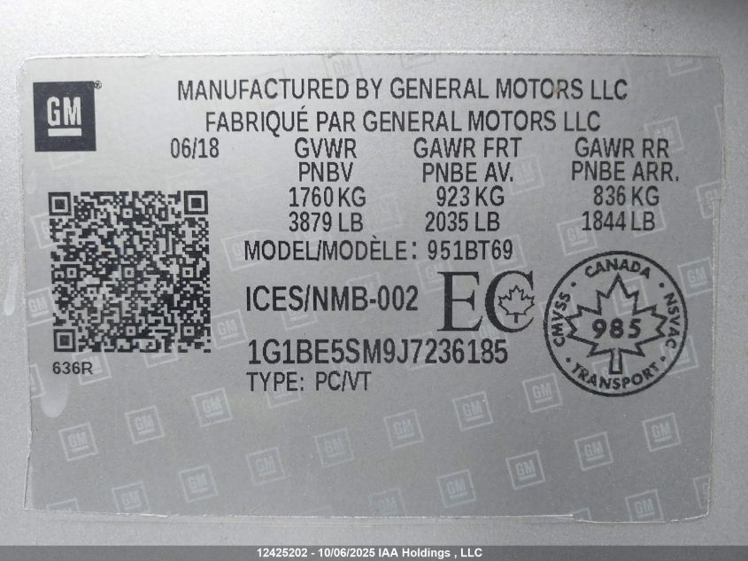 2018 Chevrolet Cruze Lt Auto VIN: 1G1BE5SM9J7236185 Lot: 12425202