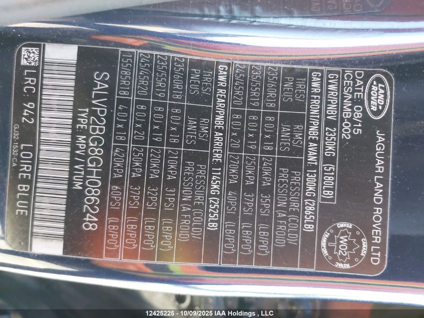 2016 Land Rover Range Rover Evoque Se VIN: SALVP2BG8GH086248 Lot: 12425225