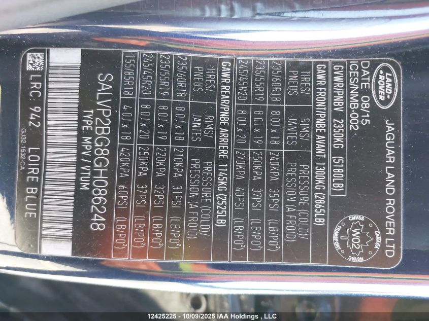 2016 Land Rover Range Rover Evoque Se VIN: SALVP2BG8GH086248 Lot: 12425225