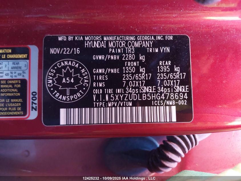 2017 Hyundai Santa Fe Sport 2.4 Luxury VIN: 5XYZUDLB5HG478694 Lot: 12425232