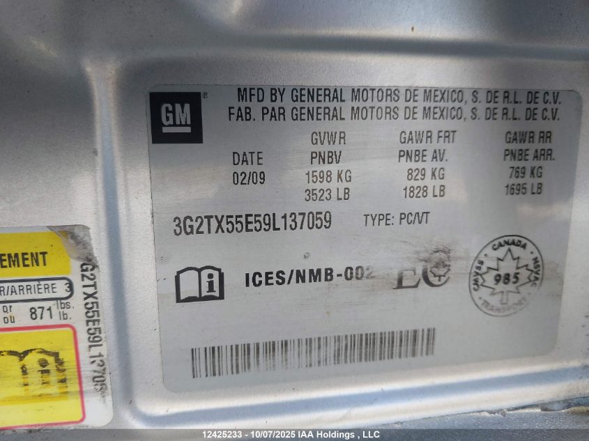 2009 Pontiac Wave Se VIN: 3G2TX55E59L137059 Lot: 12425233