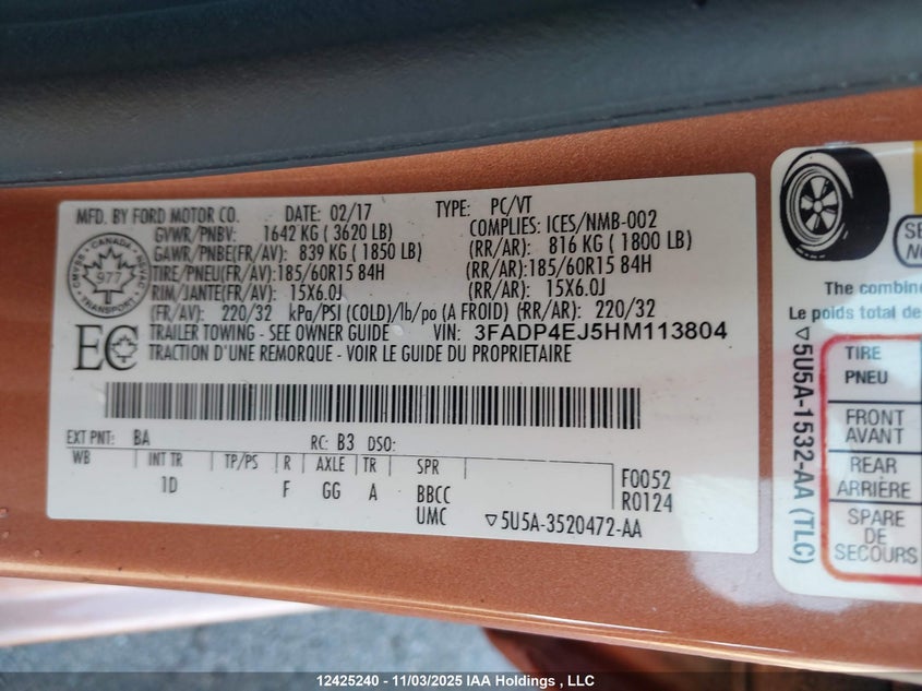 2017 Ford Fiesta Se VIN: 3FADP4EJ5HM113804 Lot: 12425240