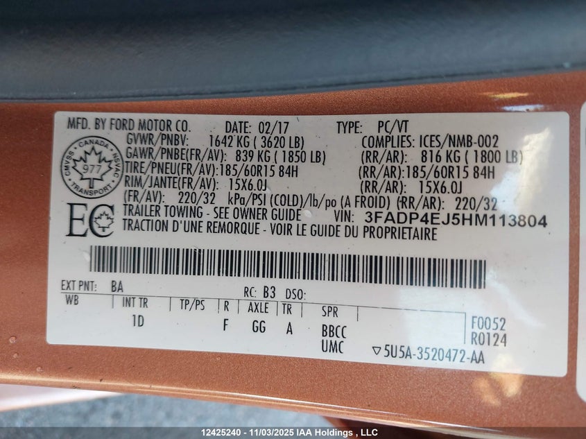 2017 Ford Fiesta Se VIN: 3FADP4EJ5HM113804 Lot: 12425240