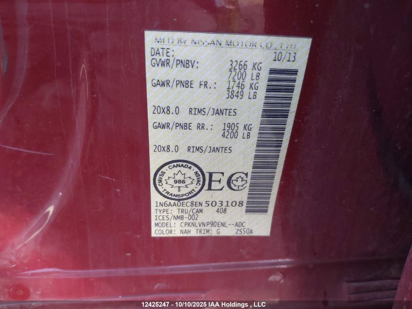 2014 Nissan Titan Pro-4X/S/Sl/Sv VIN: 1N6AA0EC8EN503108 Lot: 12425247