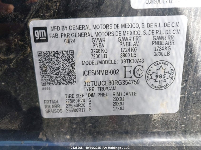 2024 GMC Sierra 1500 Elevation VIN: 3GTUUCE80RG354759 Lot: 12425268