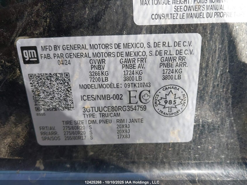 2024 GMC Sierra 1500 Elevation VIN: 3GTUUCE80RG354759 Lot: 12425268